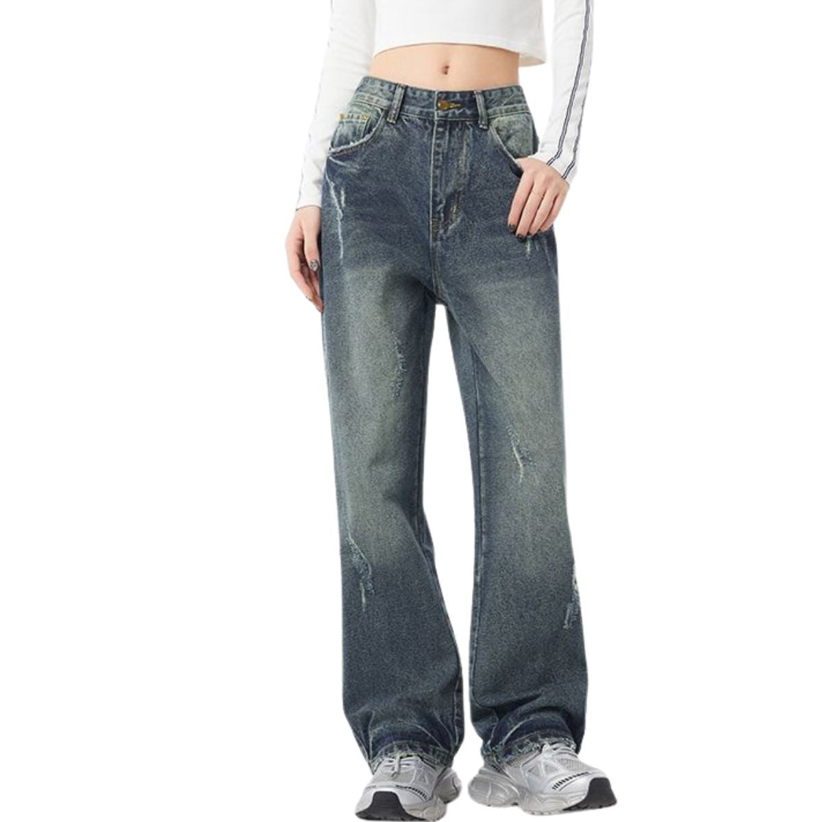 Relaxed Fit Distressed Hem Ripped Jeans