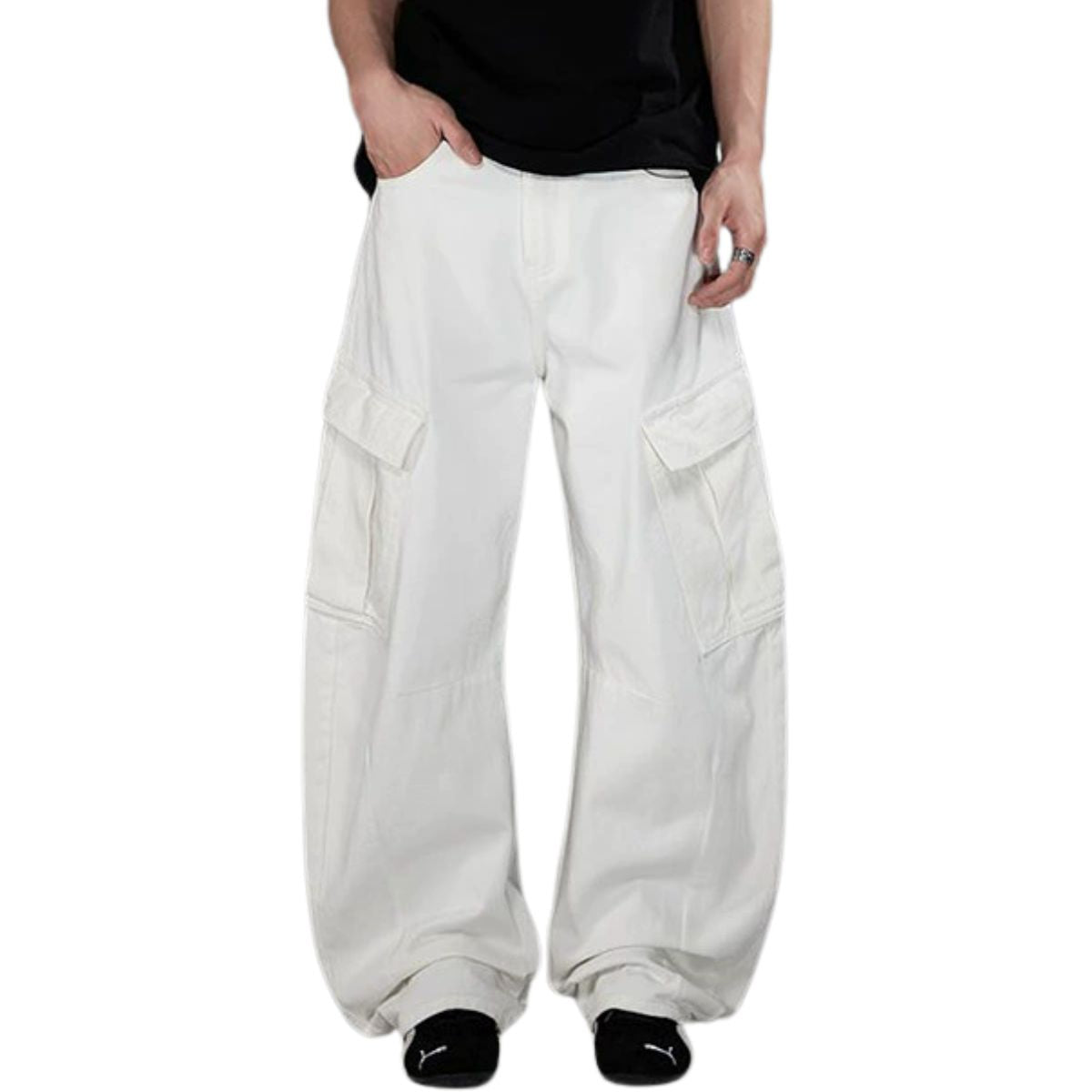 White Barrel-Leg Utility Cargo Pants