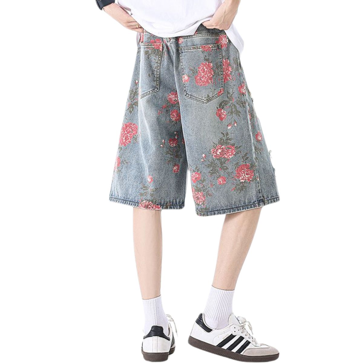 Floral Print Ripped Bermuda Denim Shorts