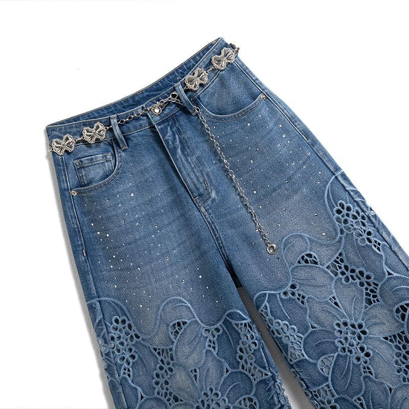 Rhinestone-Transferred & Embroidered Cut-Out Jeans