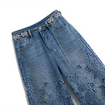 Rhinestone-Transferred & Embroidered Cut-Out Jeans