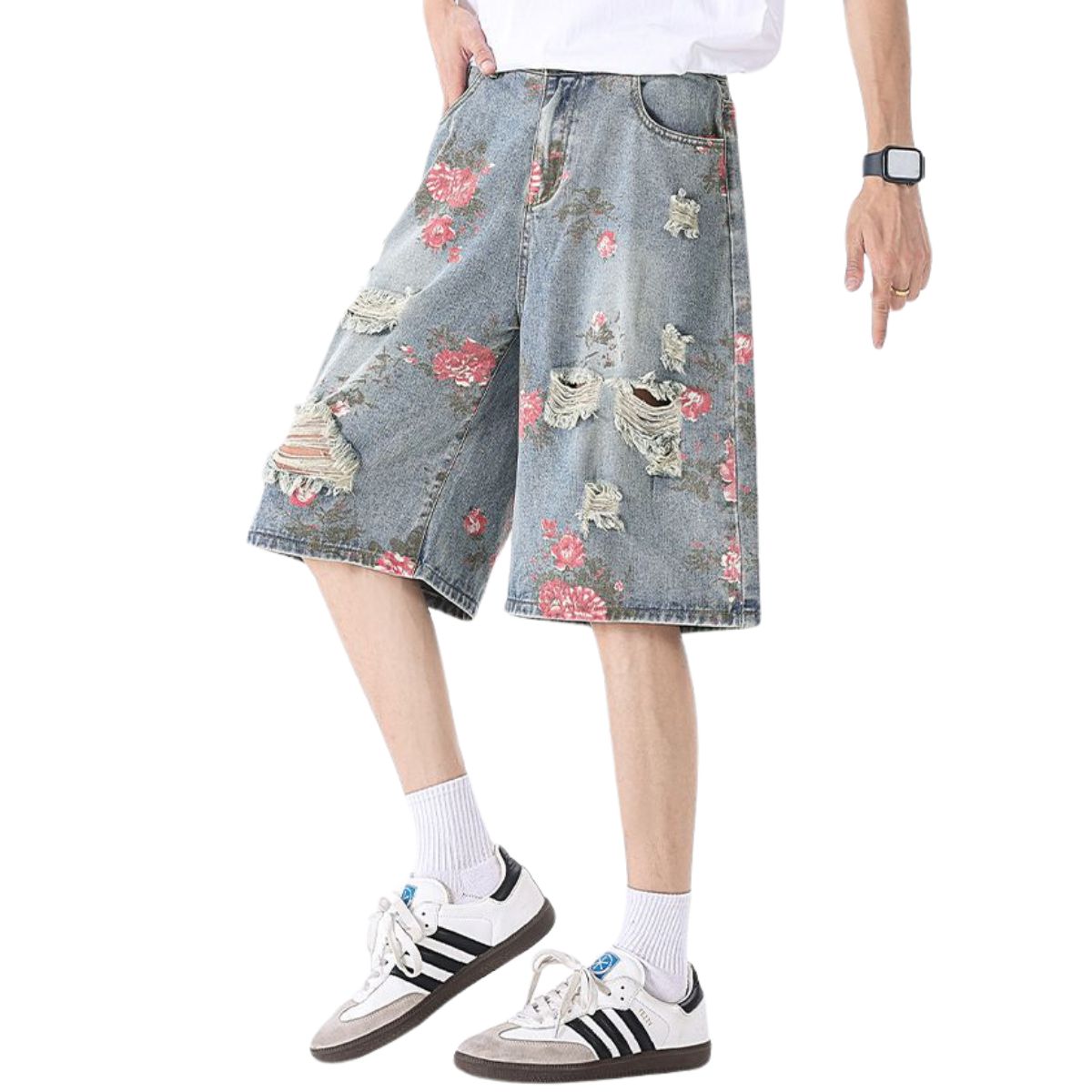 Floral Print Ripped Bermuda Denim Shorts