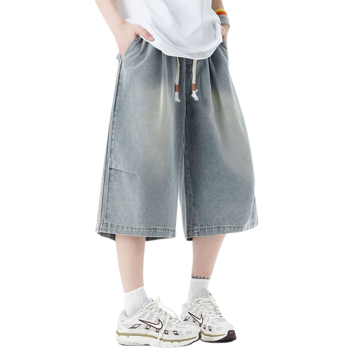 Drawstring Waist Washed Cropped Denim Pants