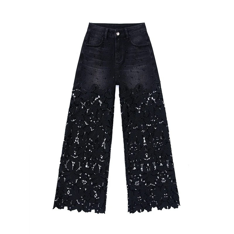 Floral-Embroidered Cut-Out Wide-Leg Jeans