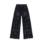 Floral-Embroidered Cut-Out Wide-Leg Jeans