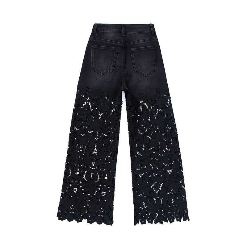 Floral-Embroidered Cut-Out Wide-Leg Jeans