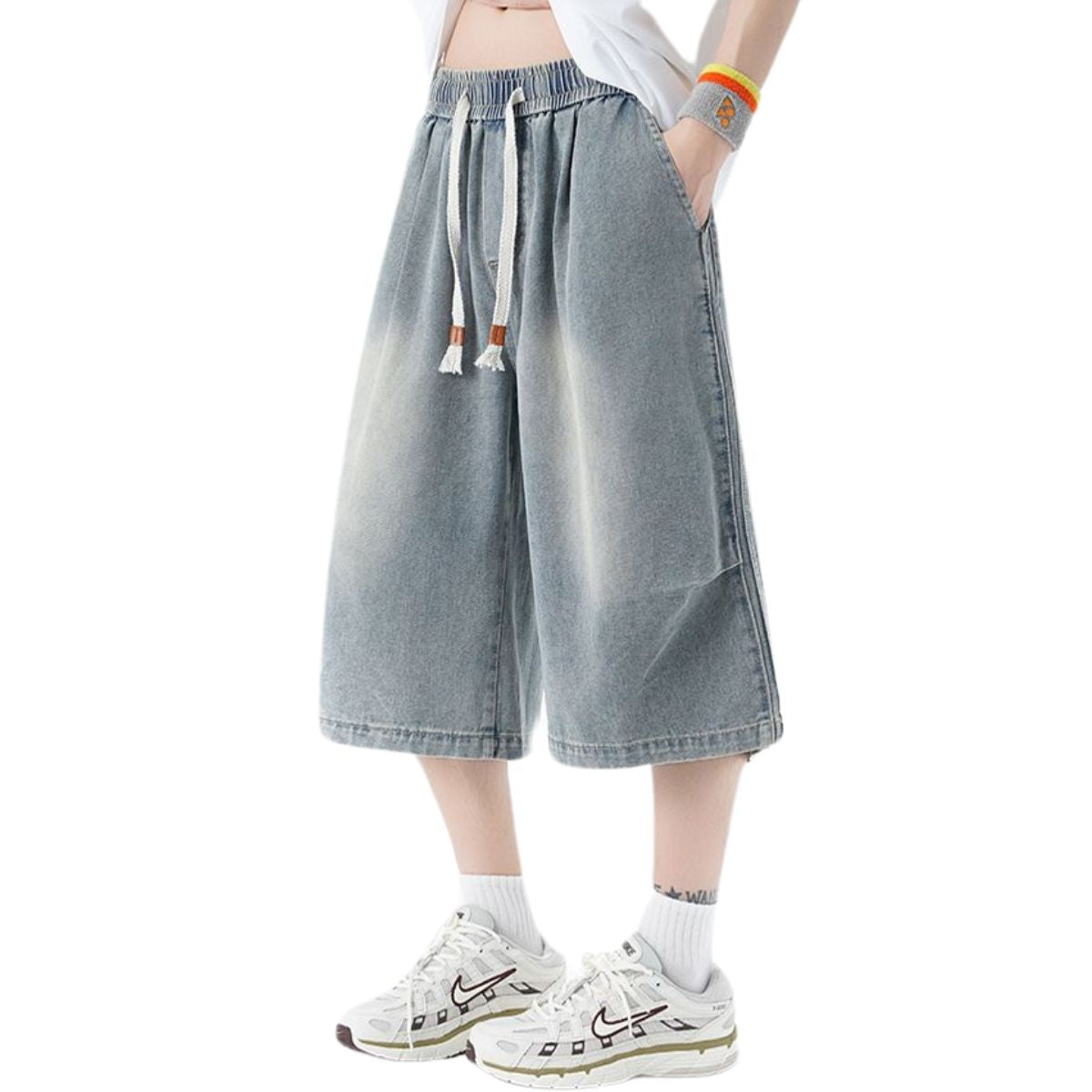 Drawstring Waist Washed Cropped Denim Pants