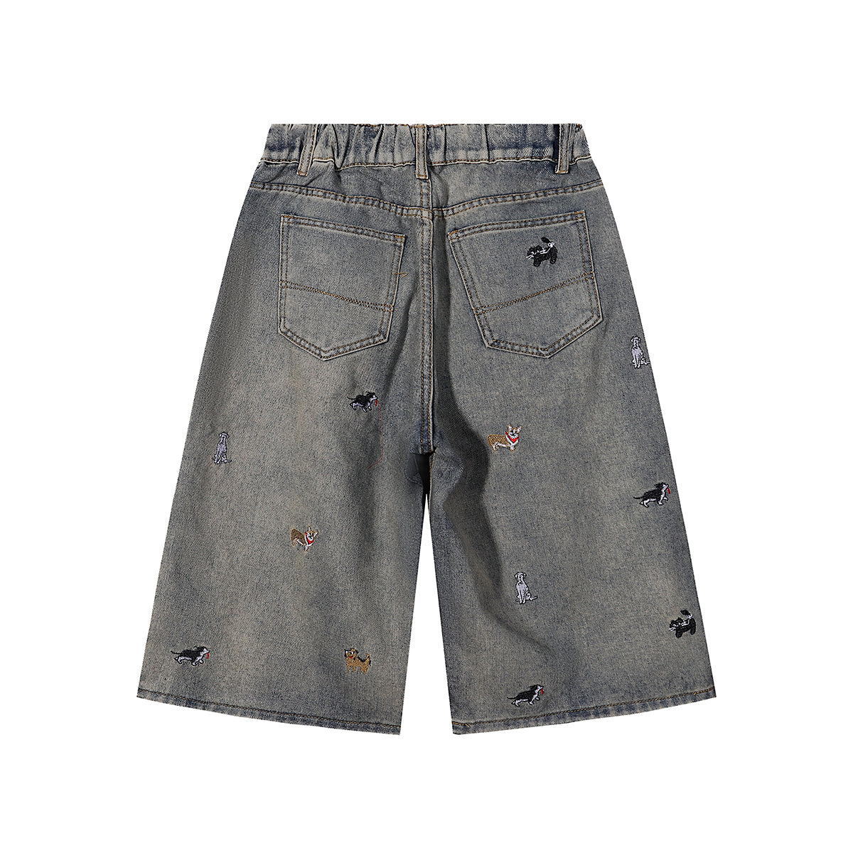 Dog Embroidery Design Vintage Washed Denim Shorts