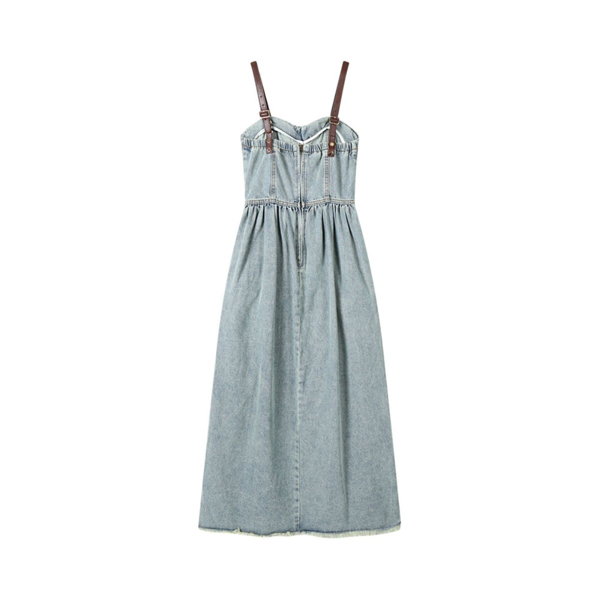 Sweetheart Collar Strappy Denim Midi Dress