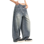 Laser Print Vintage Curved Denim Wide Leg Jeans