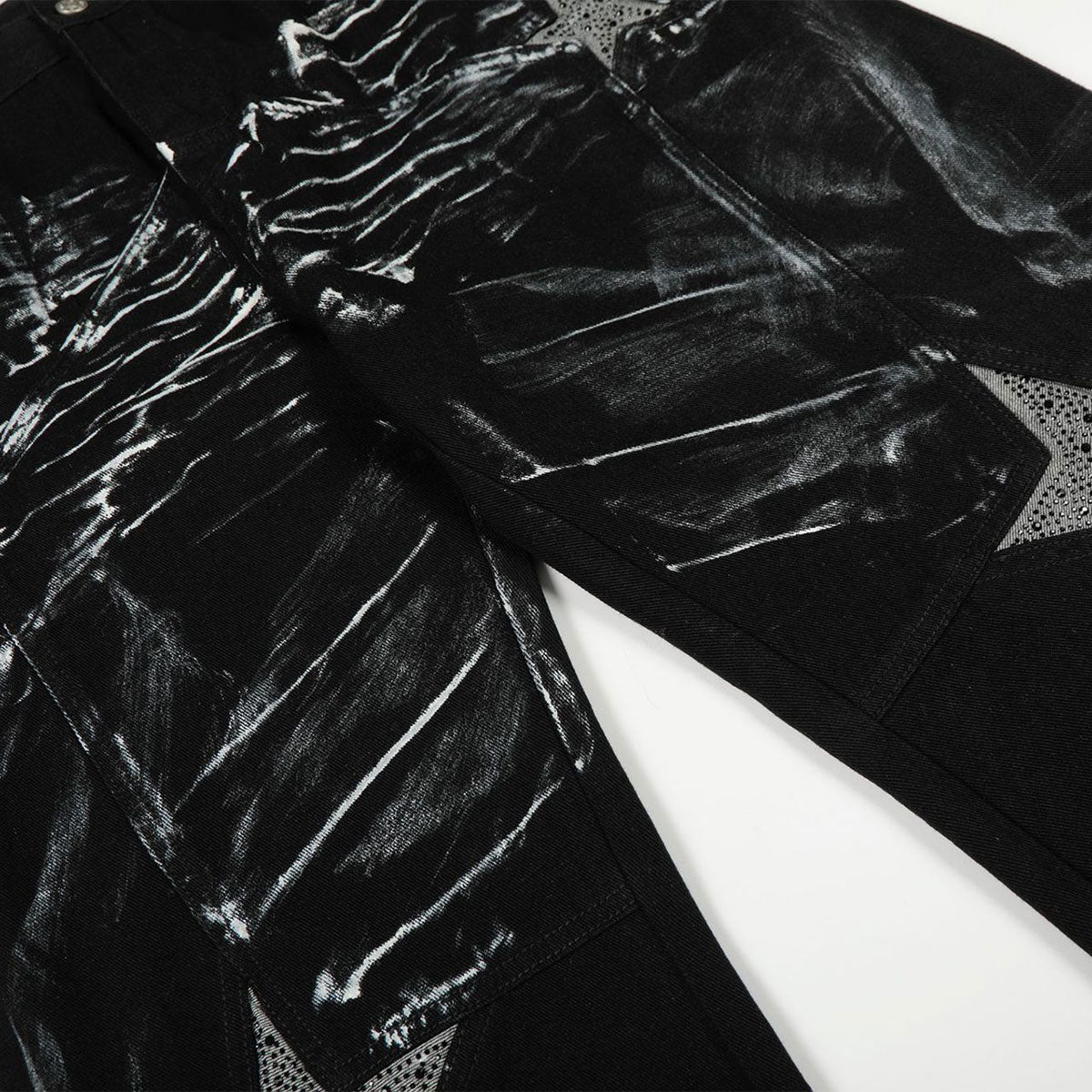 Painted Distress Black Wide Leg Star Patch Jeans