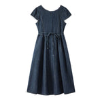 Lace Trim Puff Sleeve Denim Midi Dress
