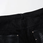 Croc Textured Panels Edgy Black Denim Wide Leg Jeans