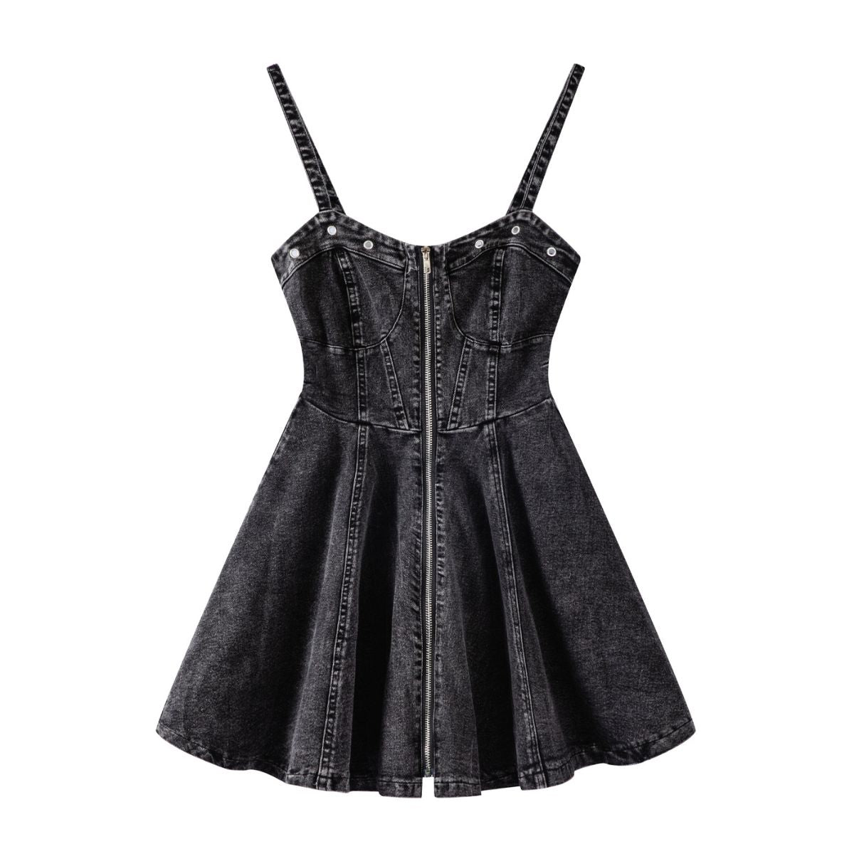 Front-Zip Smocked Denim Mini Dress