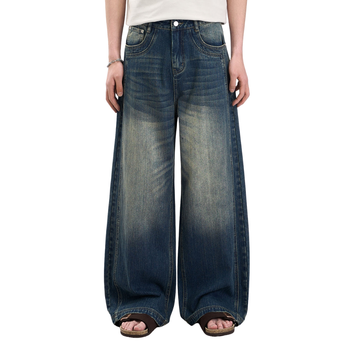 Vintage Whiskered Slub Relaxed Wide-Leg Denim Pants