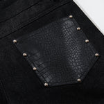 Faux Leather Accent High Waisted Wide Leg Denim Trousers