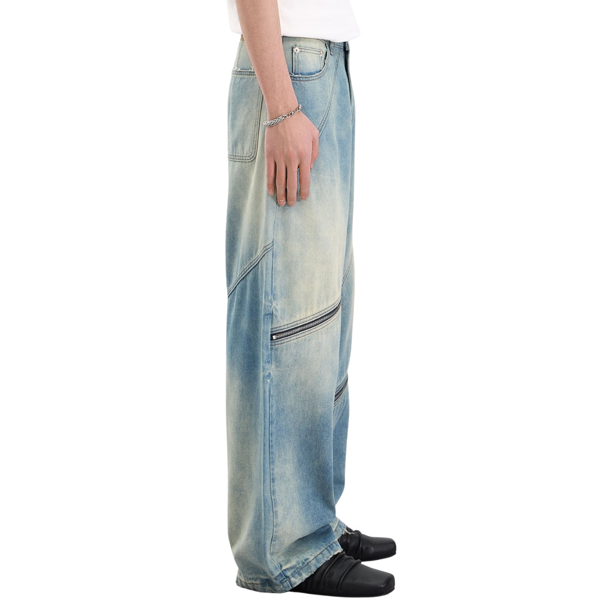 Retro Distressed Washed Baggy Patchwork Zip-Detail Relaxed Straight Fit Denim Jeans