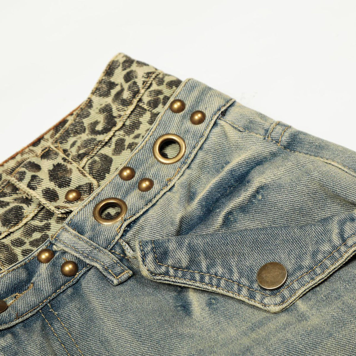 Wide Leg Denim Pants Leopard Print Waistband Stud Accents