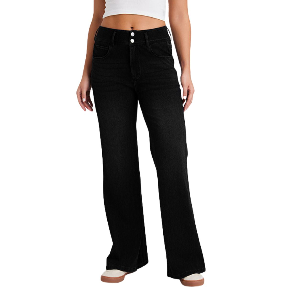 Mid-Rise Washed Knit Denim Flare Jeans