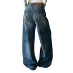 Faded Crackle Wash Baggy Curved Leg Denim Jeans