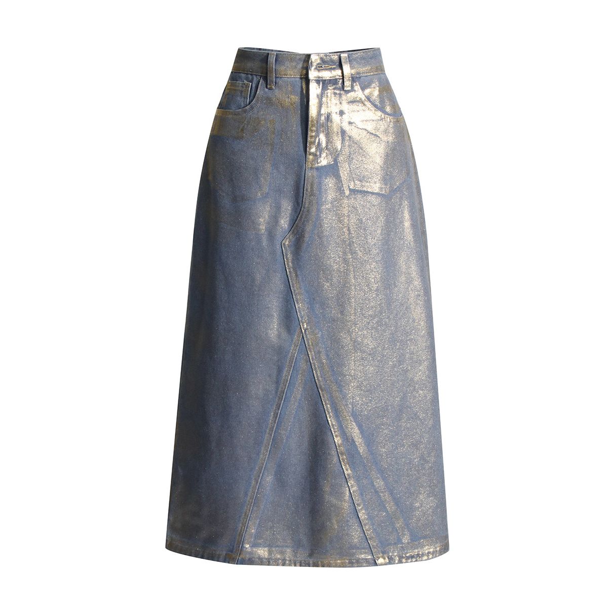 Women's Metallic Coated Denim Midi Skirt
