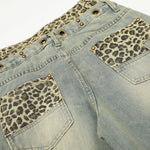 Wide Leg Denim Pants Leopard Print Waistband Stud Accents