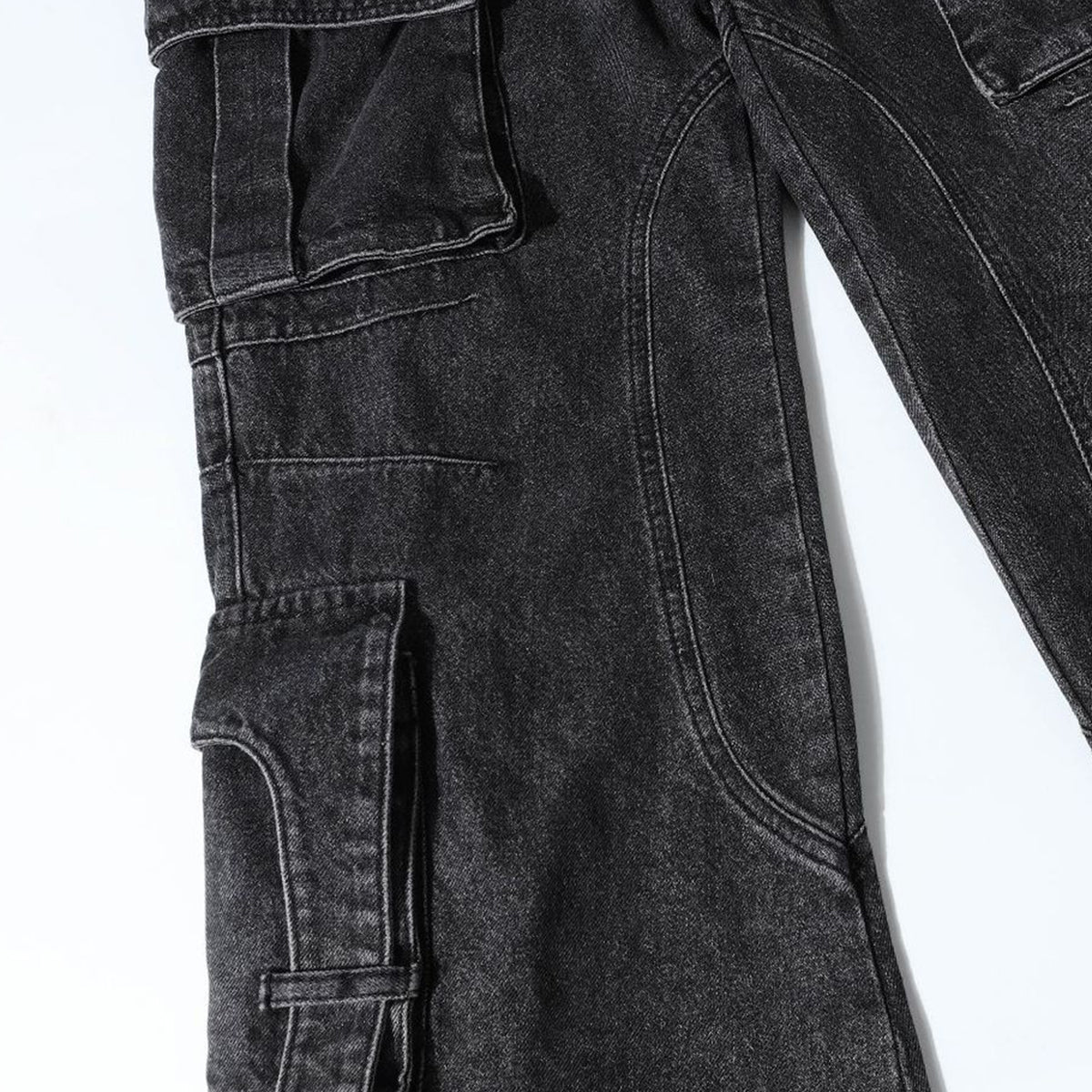 Black Zipper Detail Techwear Utility Denim Cargo Pants