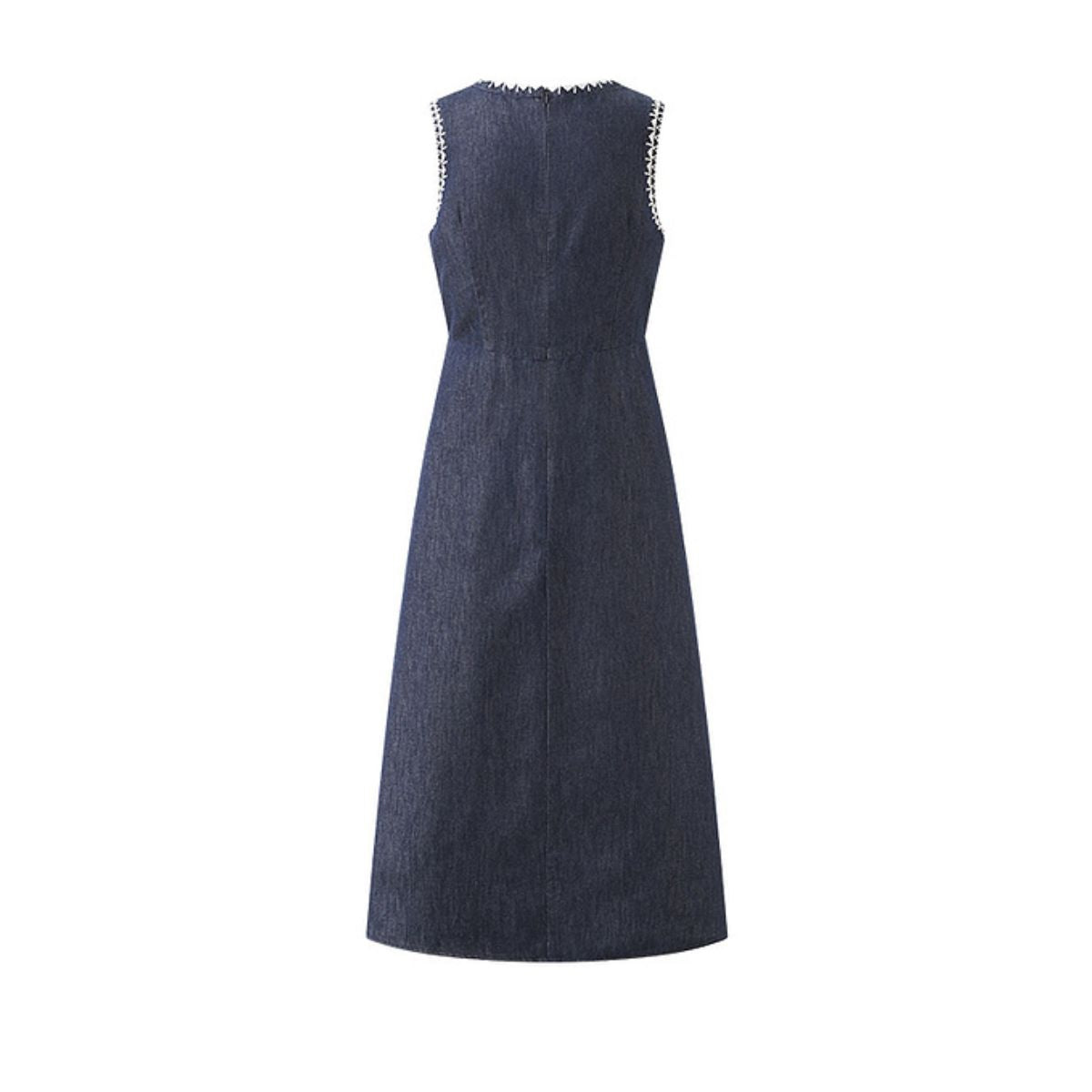 Sleeveless Embroidered Trim Denim Midi Dress