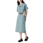 Pleated Short Sleeve Midi Denim Shirtdress