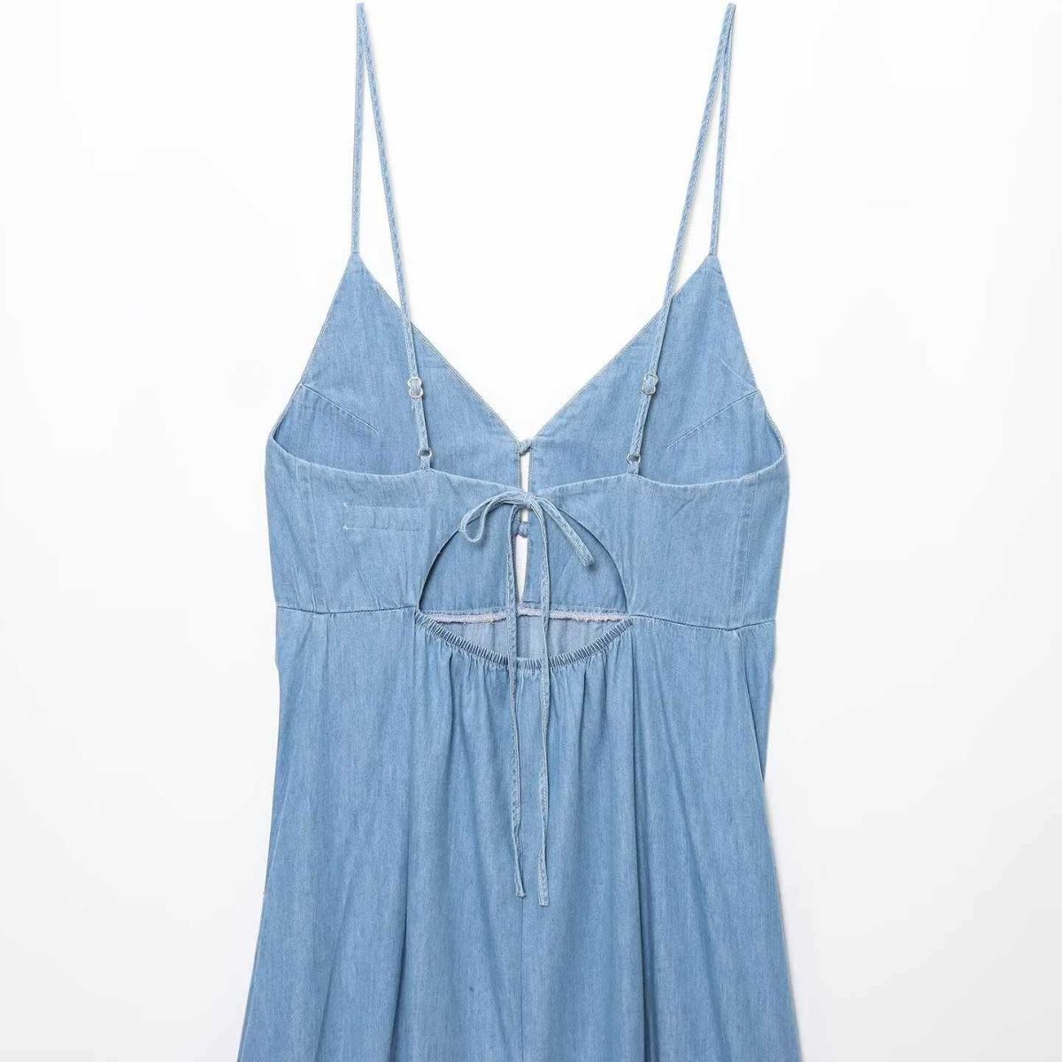 Spaghetti Straps Bow Denim Maxi Dress