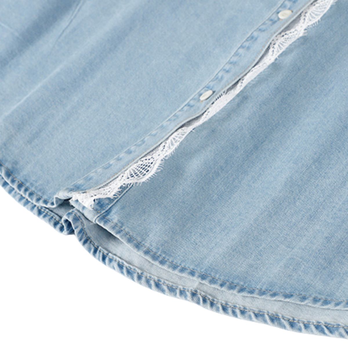 Button-Front Lace Trim Denim Shirt