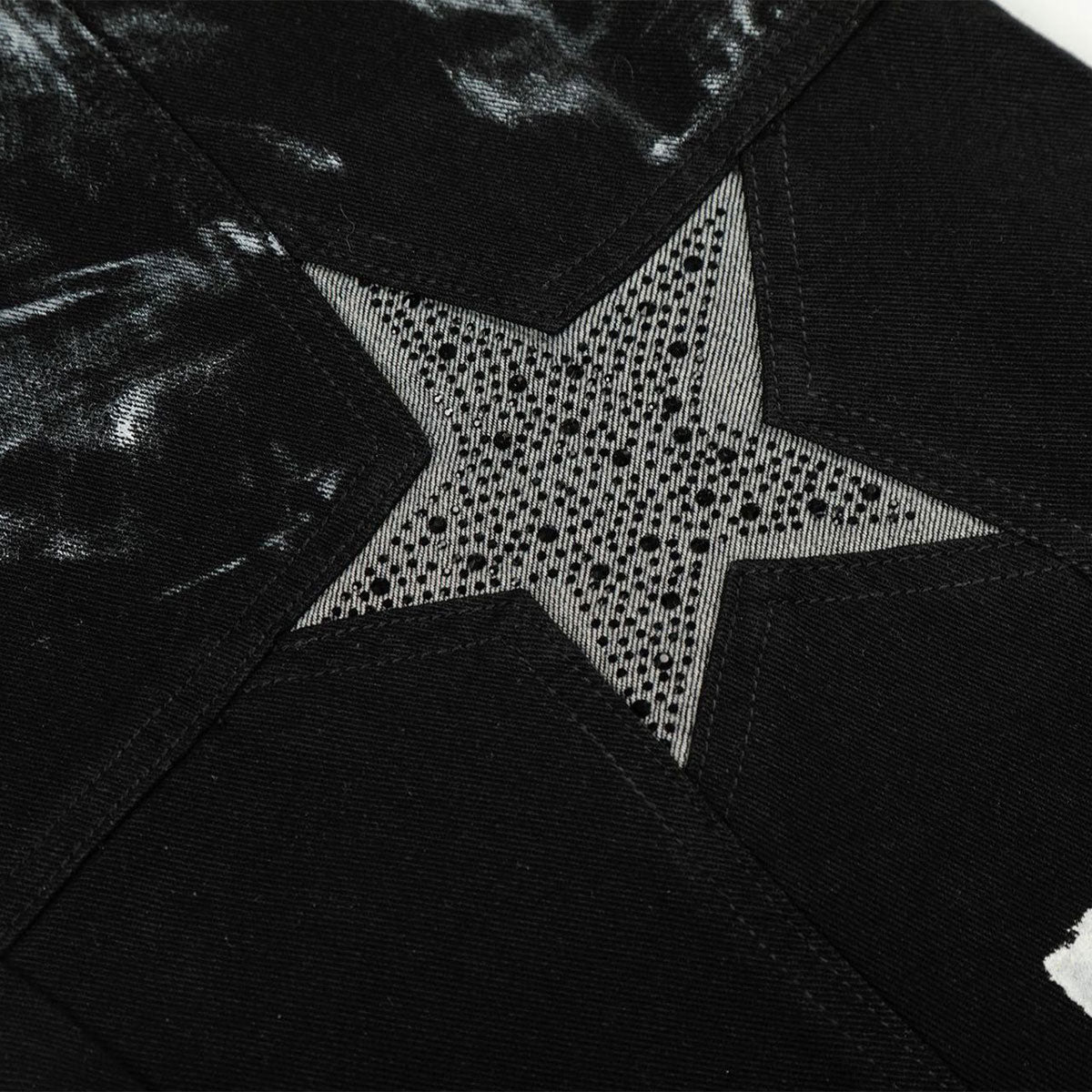 Painted Distress Black Wide Leg Star Patch Jeans