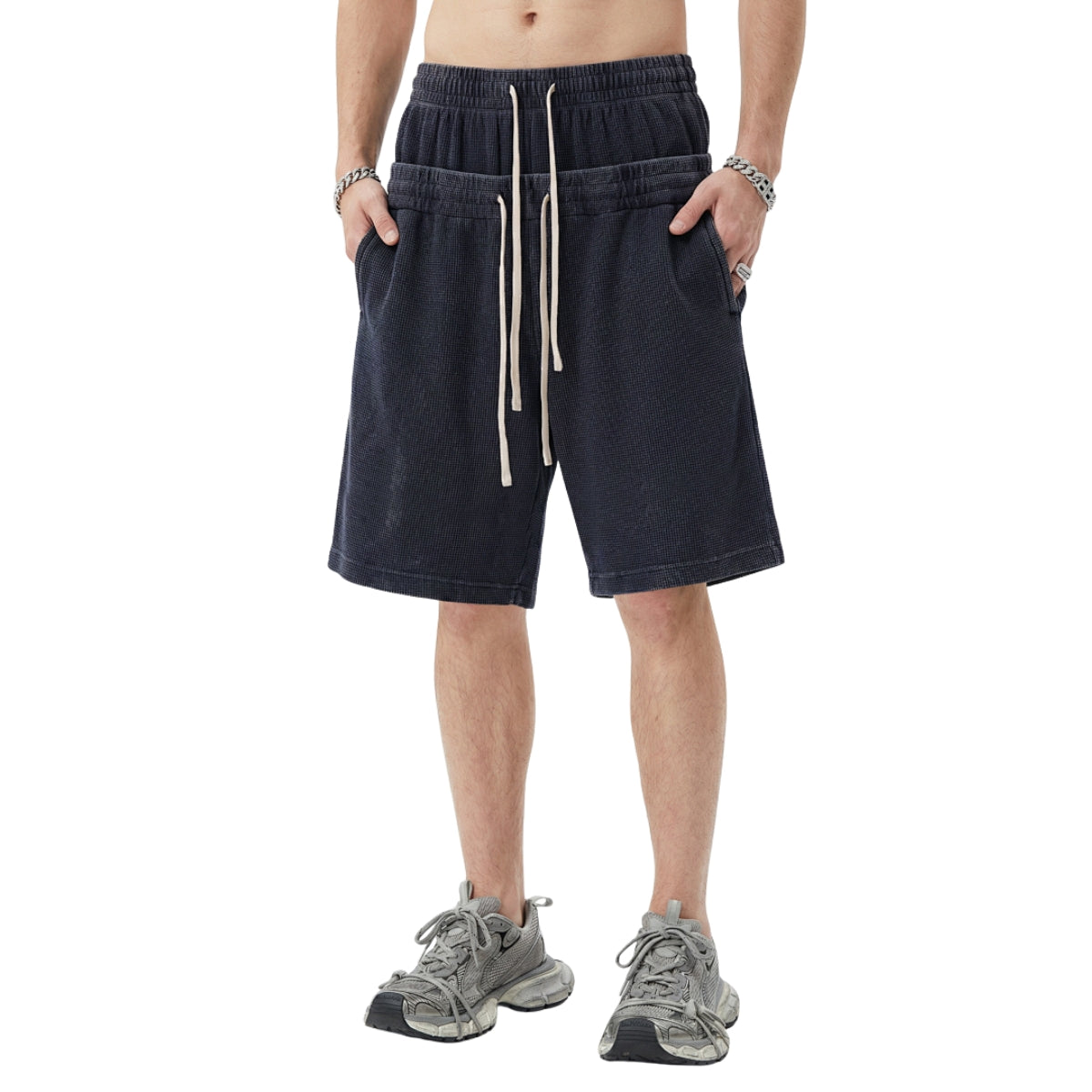 West Coast Waffle Double Waistband Snow Washed Distressed Shorts