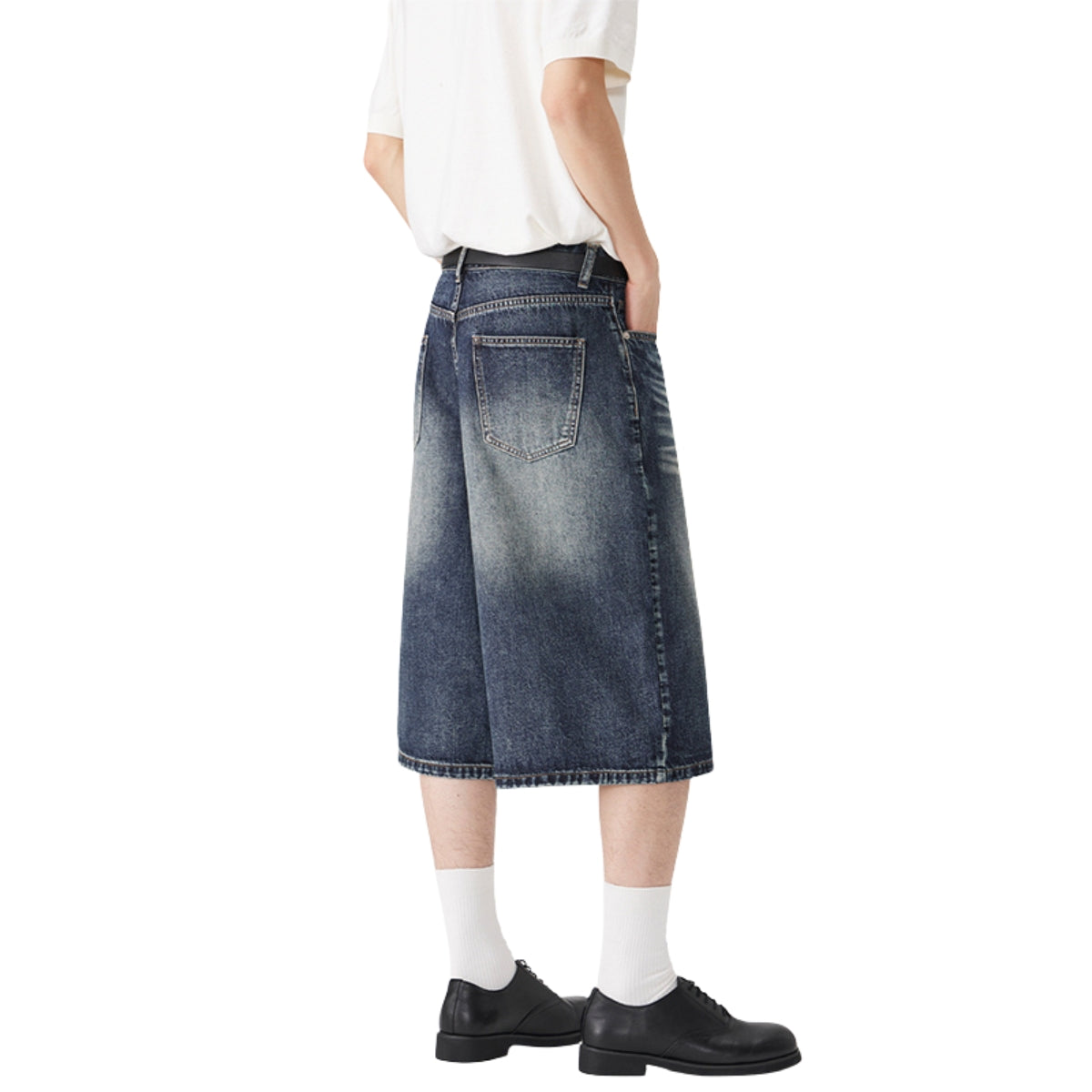 Washed Indigo Relaxed Fit Utility Denim Shorts