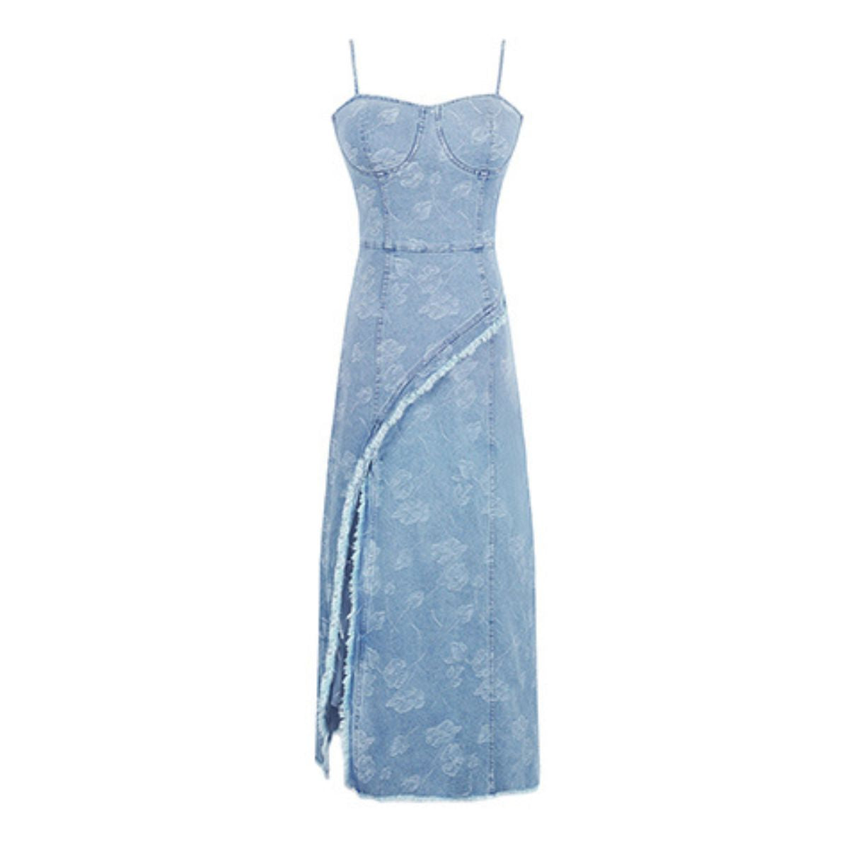 Asymmetrical Hem Jacquard Denim Strappy Dress