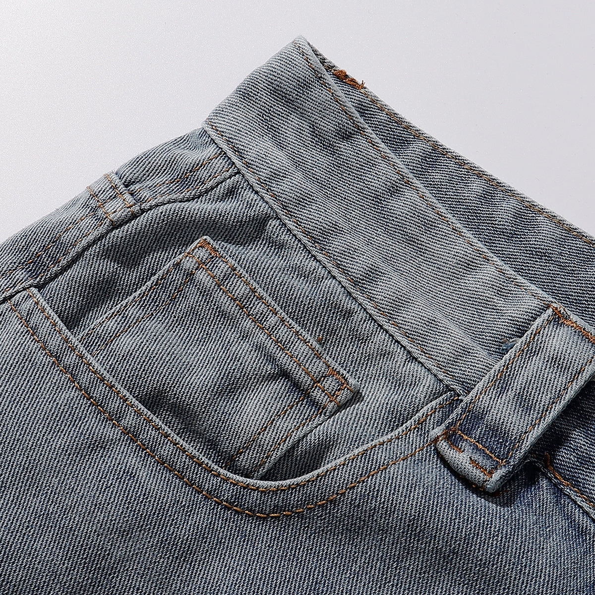 Panel Stitching Detail Light Wash Denim Shorts