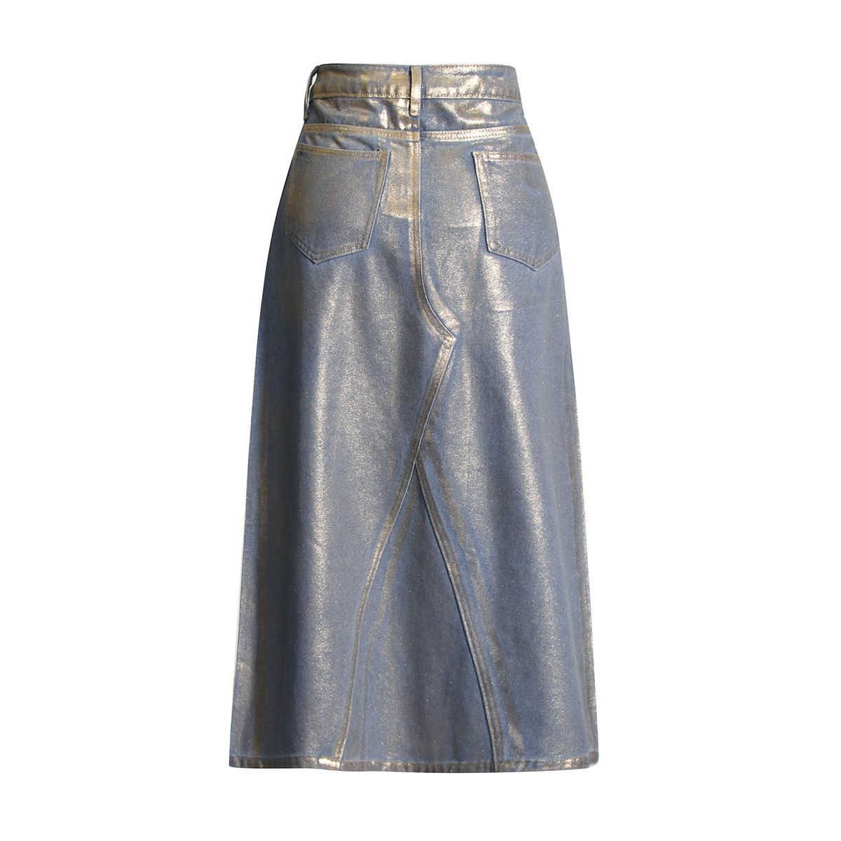 Women's Metallic Coated Denim Midi Skirt