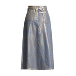 Women's Metallic Coated Denim Midi Skirt
