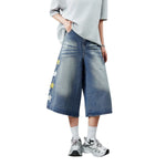 Star Print Washed Denim Capri Shorts