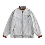 American Trendy Washed Color-blocking Stand-up Collar Denim Jacket