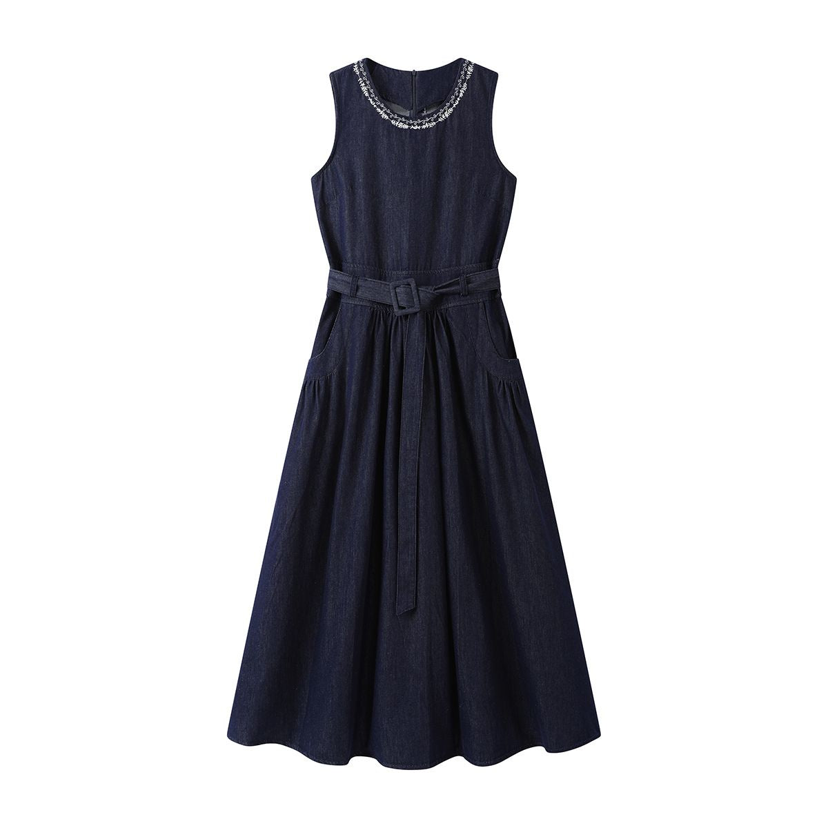 Embroidery Sleeveless Belted Denim Midi Dress