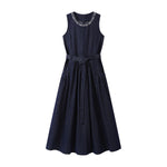 Embroidery Sleeveless Belted Denim Midi Dress