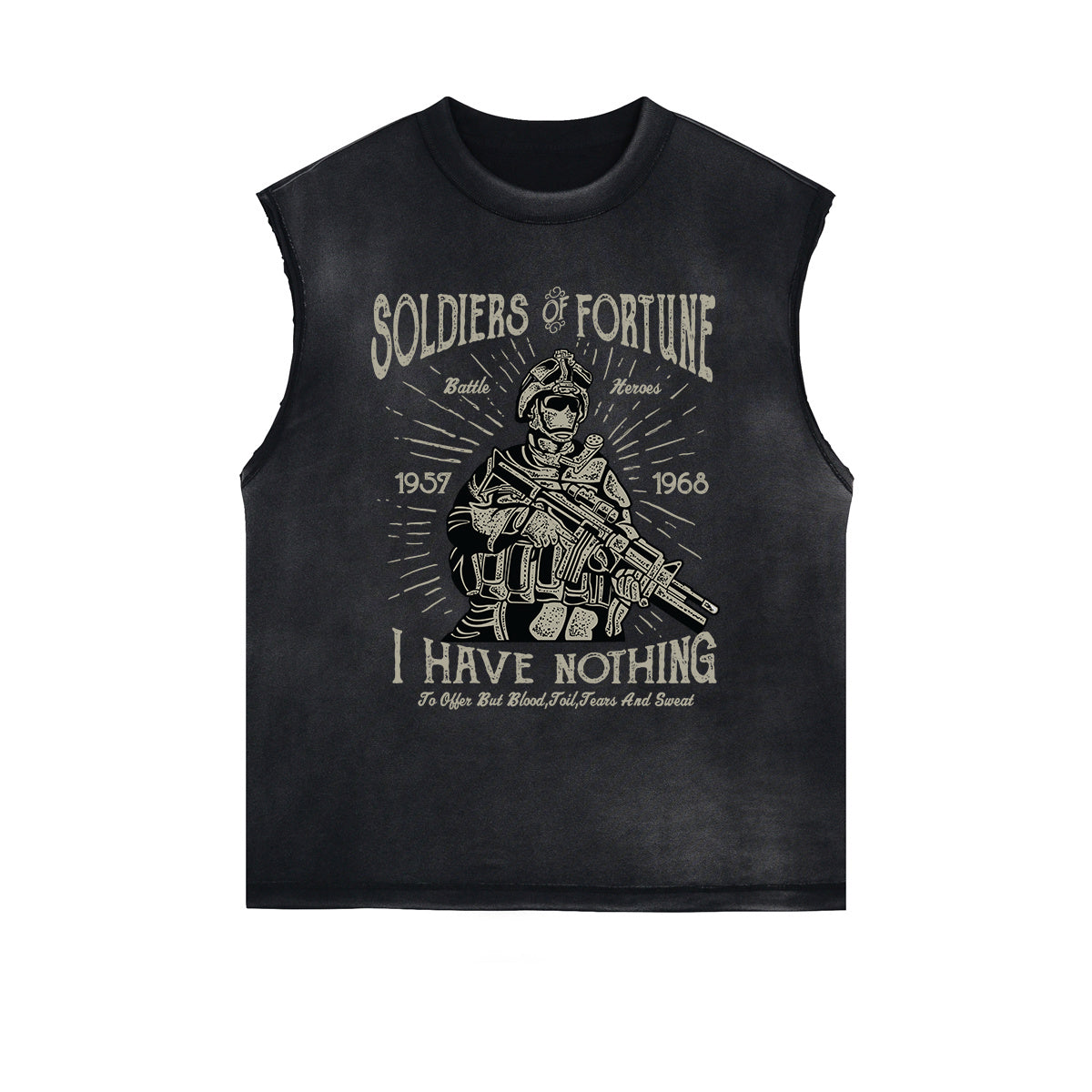 Soldiers Of Fortune Retro Graphic Sleeveless Faded Tee-INNBLAC Fashion Apparel