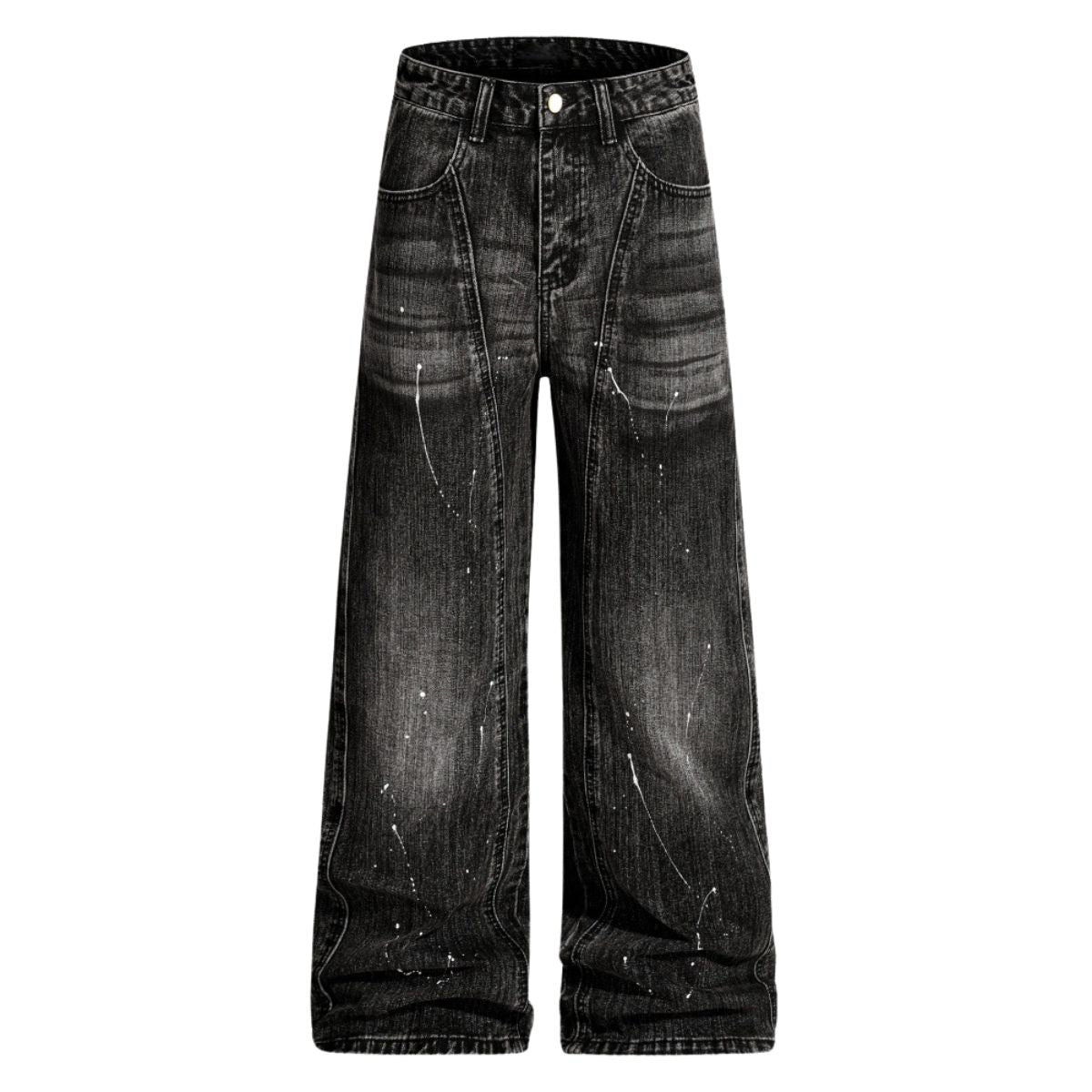 Men's Distressed Washed Denim Wide Leg Pants Punk Paint Splatter