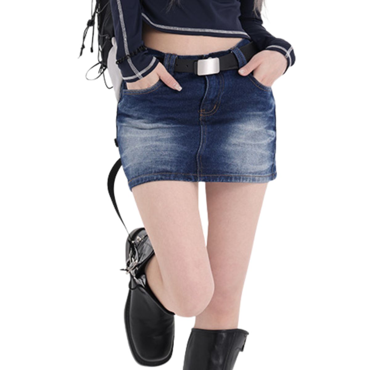 Dark Wash Faded Denim Mini Skirt