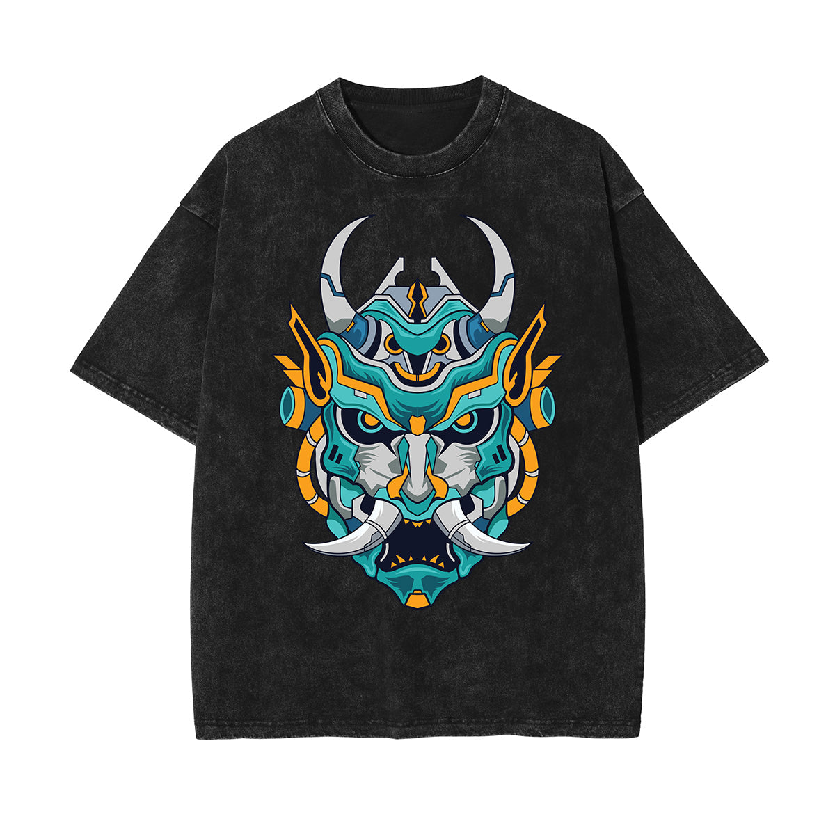 Oni Mask Mecha Washed Graphic Tee-INNBLAC Fashion Apparel