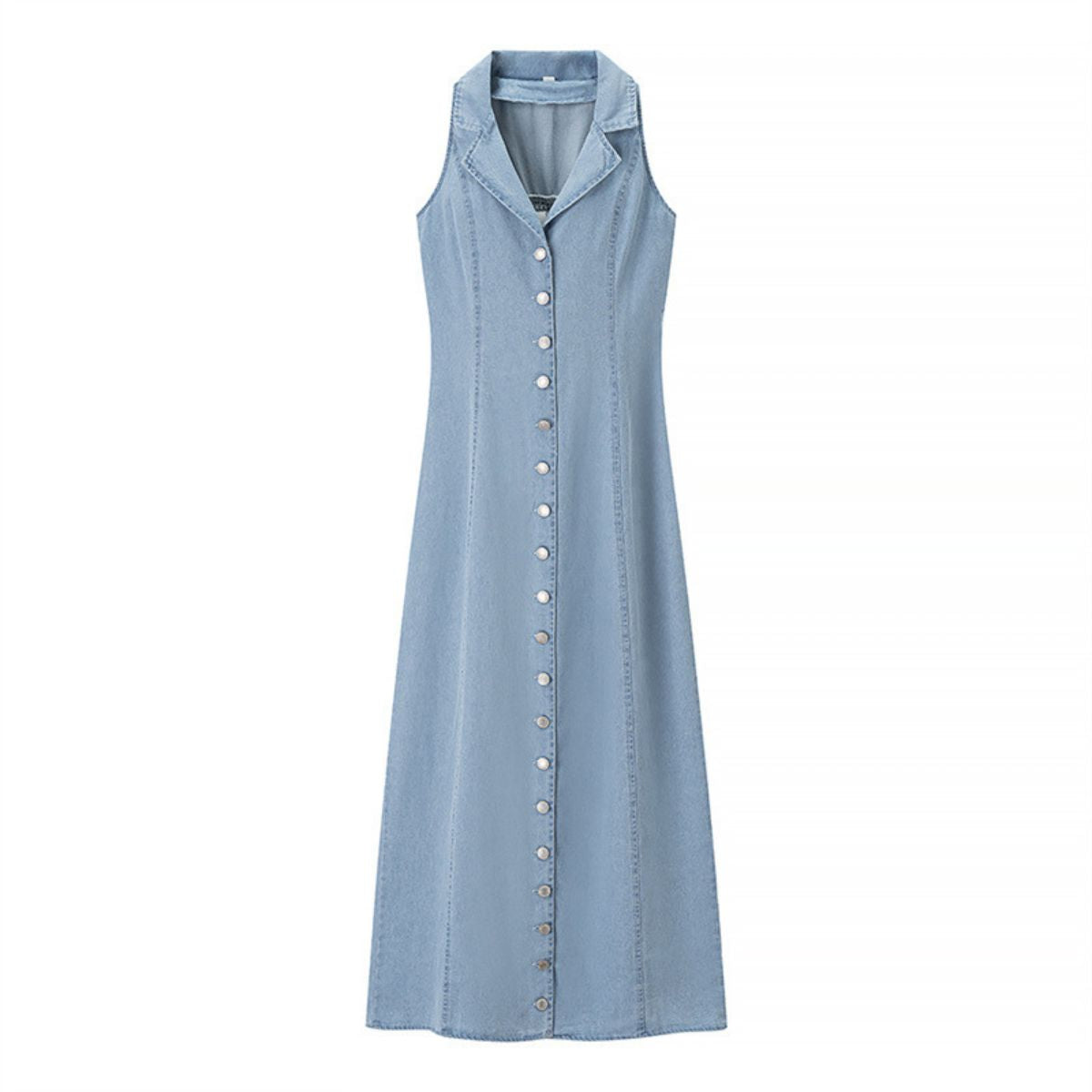 Light Blue Button-Front Denim Maxi Dress