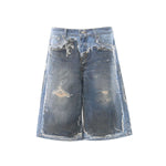 Vintage Washed Distressed Denim Bermuda Shorts with Frayed Panels