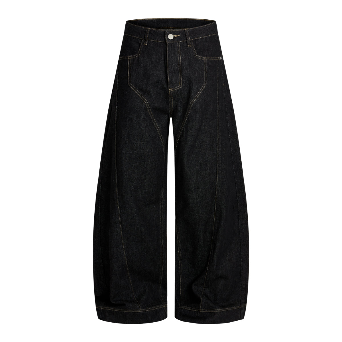Raw Yellow-Stitch Wide-Leg Curved Baggy Denim Pants