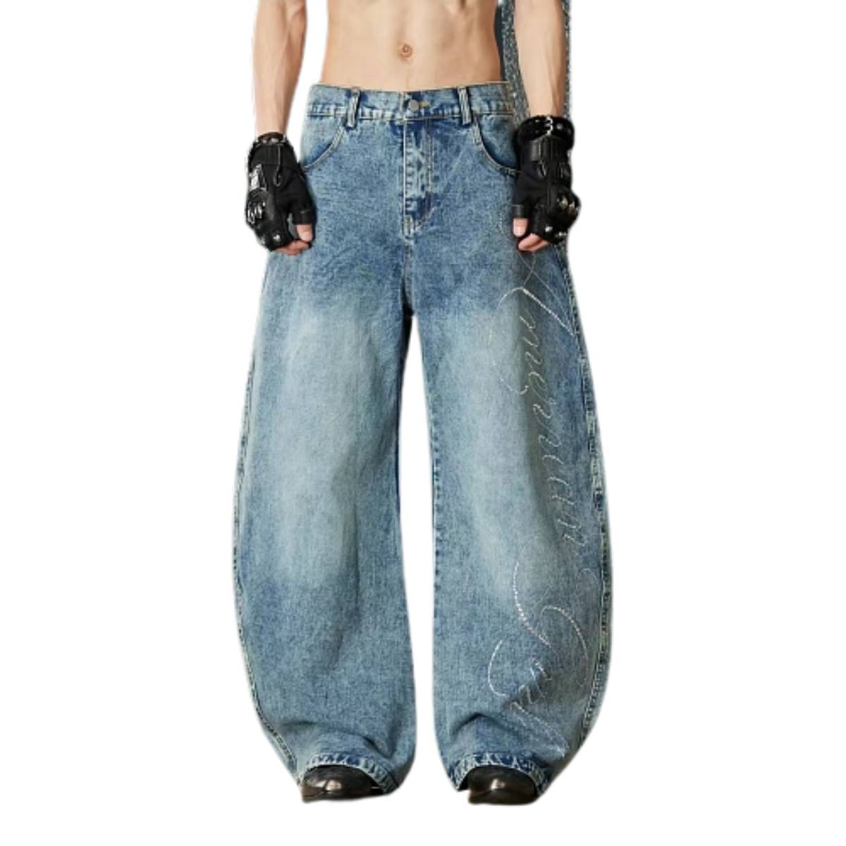 Vintage Embroidered Barrel-Leg Denim Jeans